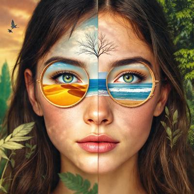 The primary subject of the image is a woman wearing sunglasses. The sunglasses have a unique design, featuring a tree on one lens and a beach on the other. The setting is a forest, with trees visible in the background. The visual style is a combination of photo and digital art, creating a creative and eye-catching image. The colors and mood are vibrant and lively, with the woman's sunglasses adding a touch of whimsy to the scene.